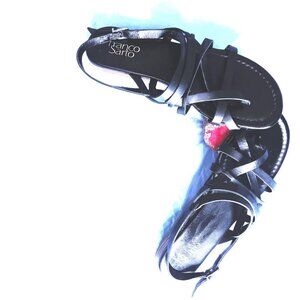 FRANCO SARTO STRAPPY BLACK FLAT SANDALS, VEGAN LEATHER, 8 MED